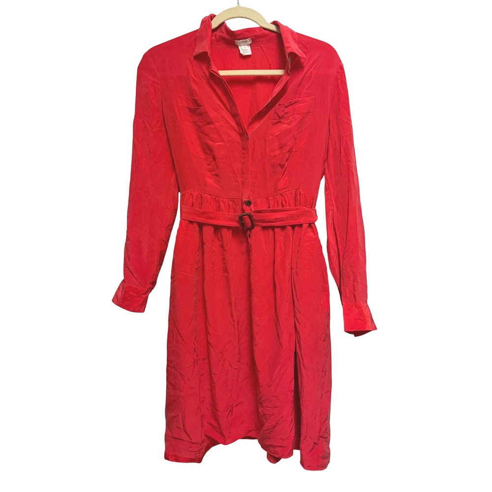 J.Crew 100% Silk Belted Shirt Dress Red Long Sleeve Size 6